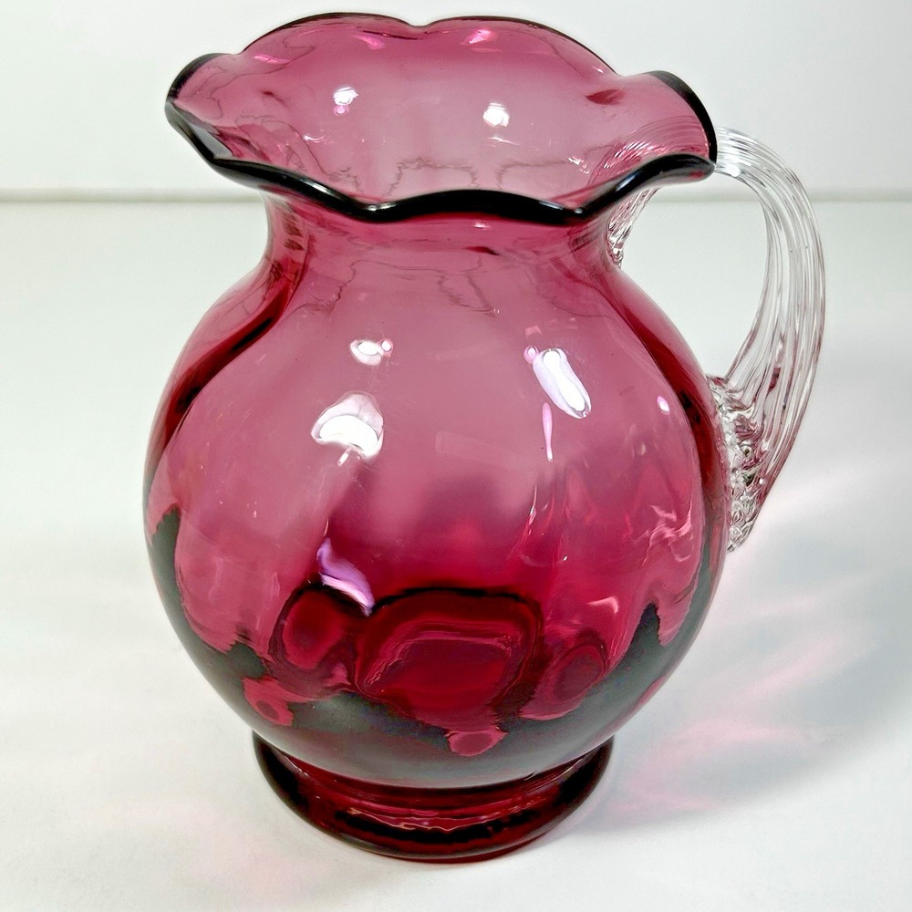 Vintage Cranberry Glass Mini Pitcher Vase 3.5" Ruffled Rim Applied Handle